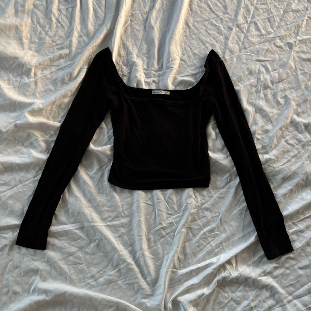 Bershka Black Square Neck Fitted Long Sleeve